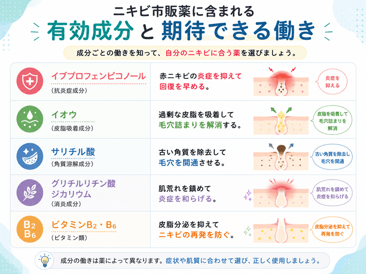 ニキビ市販薬に含まれる有効成分と期待できる働き