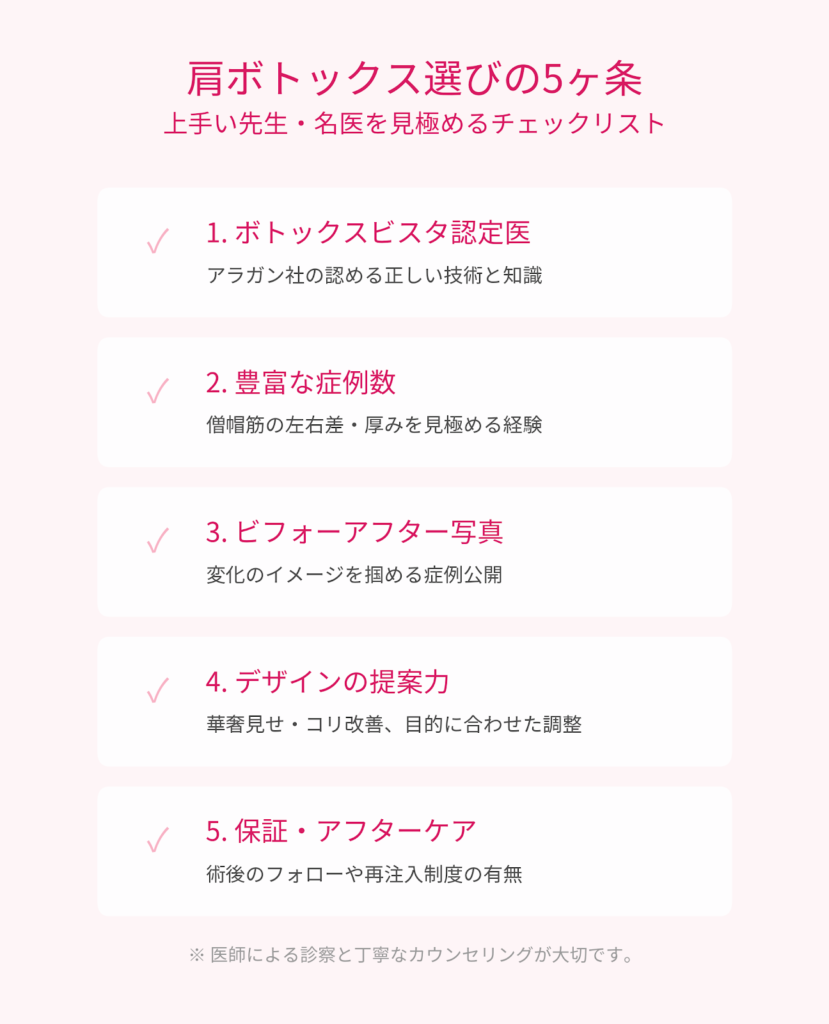 肩ボトックス選びの五箇条（チェックリスト）上手い先生・名医の選ぶポイント