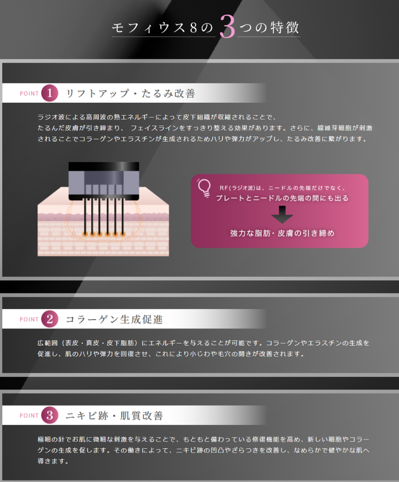 モフィウス8の効果は？いつから？目の下のたるみ(クマ)・ほうれい線・毛穴・ニキビ跡